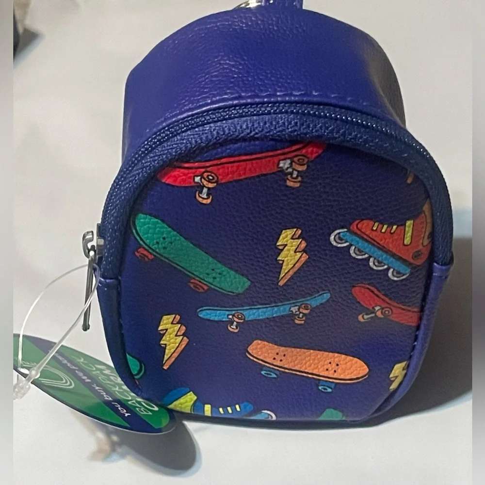 🔴3/$12 NWT Mini Backpack Keychain Skater Print Blue Coin‎ Pouch Clip Bag Charm